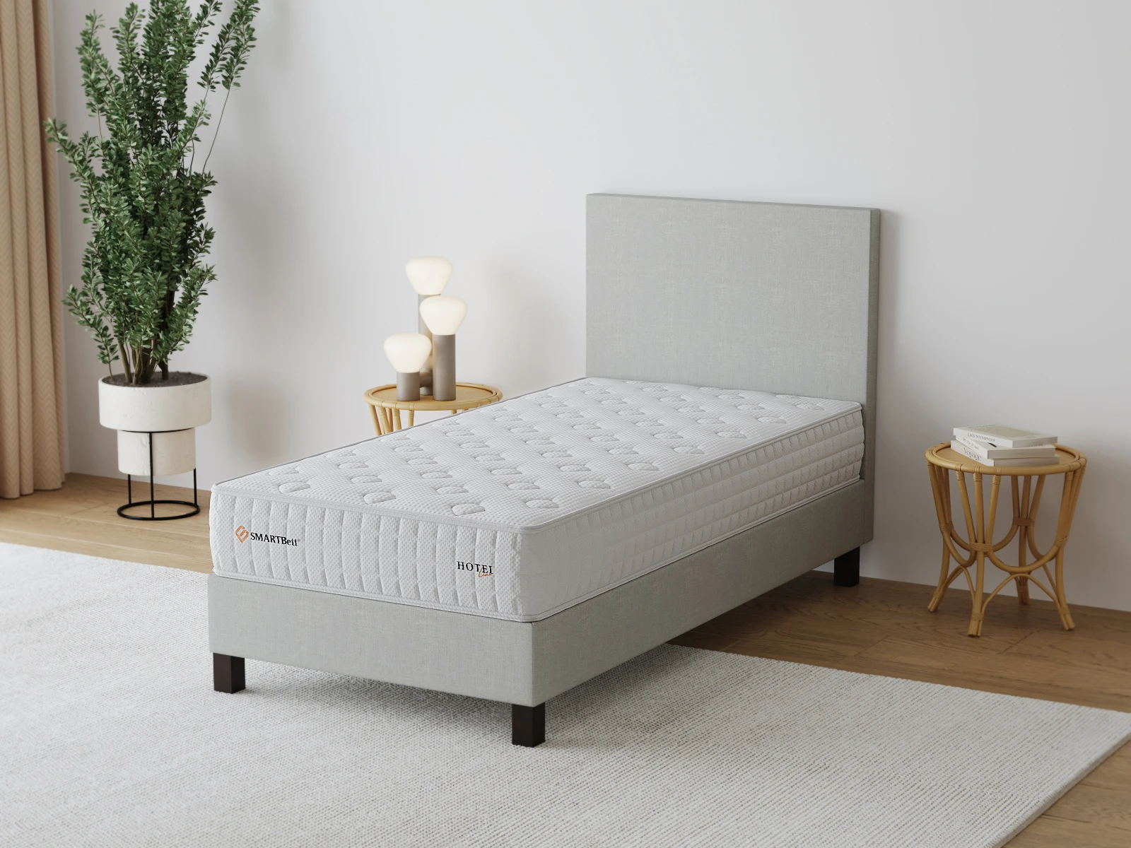 1 Upholstered single bed 100x200cm light beige incl. mattress 100x200cm  