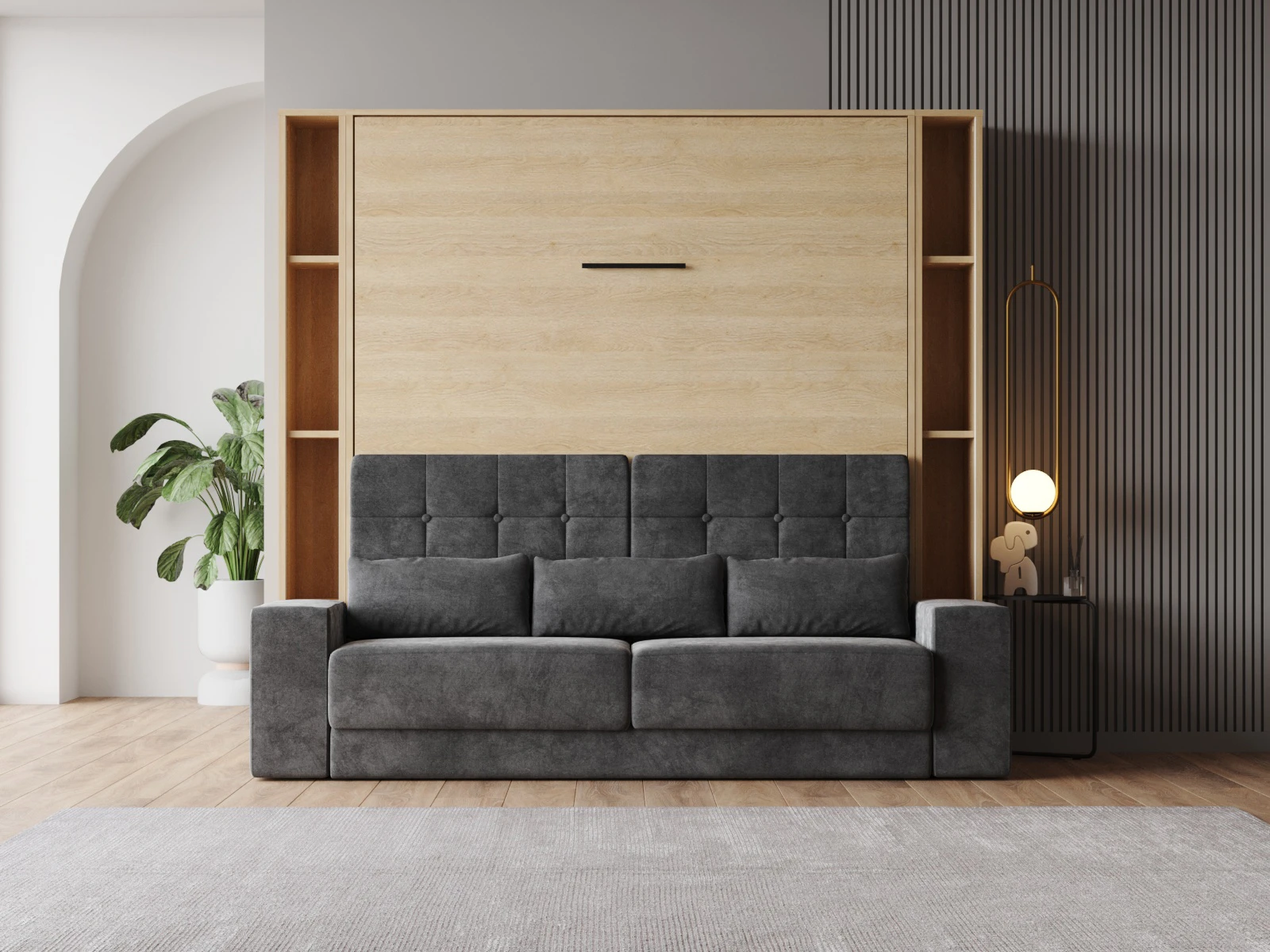 1 SMARTBett  Murphy Bed set M1 180x200 oak Kaiserberg + 2 standing shelves with SOFA and LED