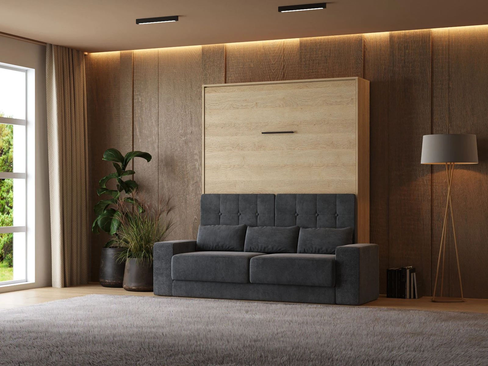 1 Murphy Bed with Sofa Anthracite (M1 40cm depth) 140x200 Vertical Kaiserberg Oak