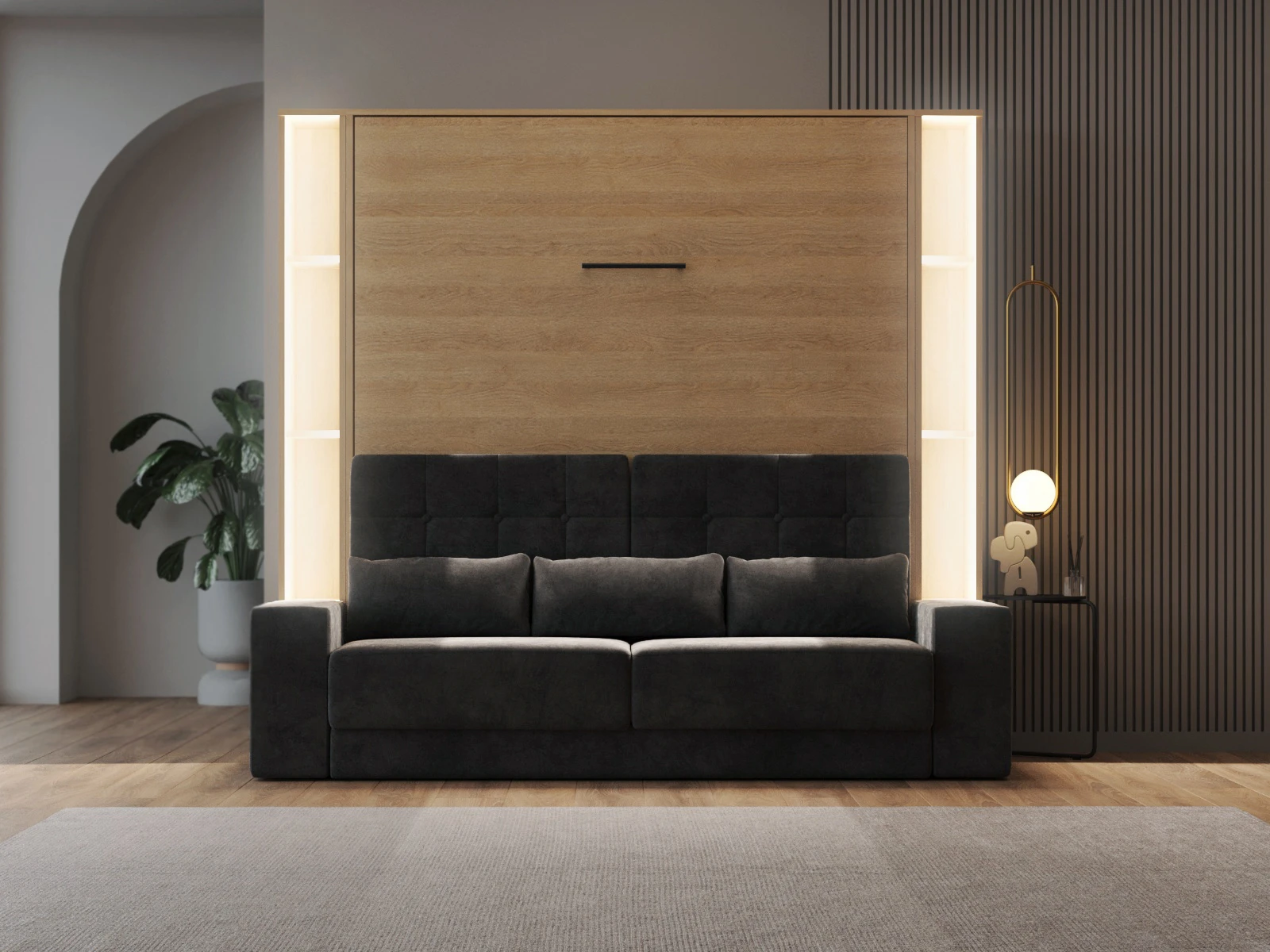 2 SMARTBett Murphy bed set with SOFA M1 140x200 Kaiserberg Oak + 2 standing shelves with LED