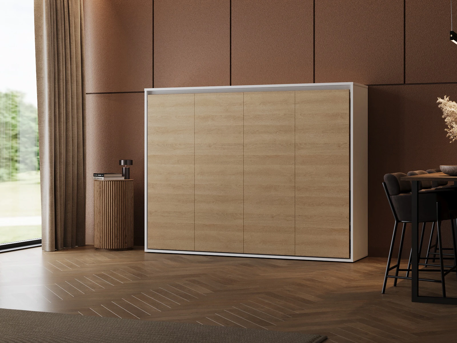 1 Murphy Bed 140x200 Horizontal (M2 55cm depth) White/Kaiser  Oak