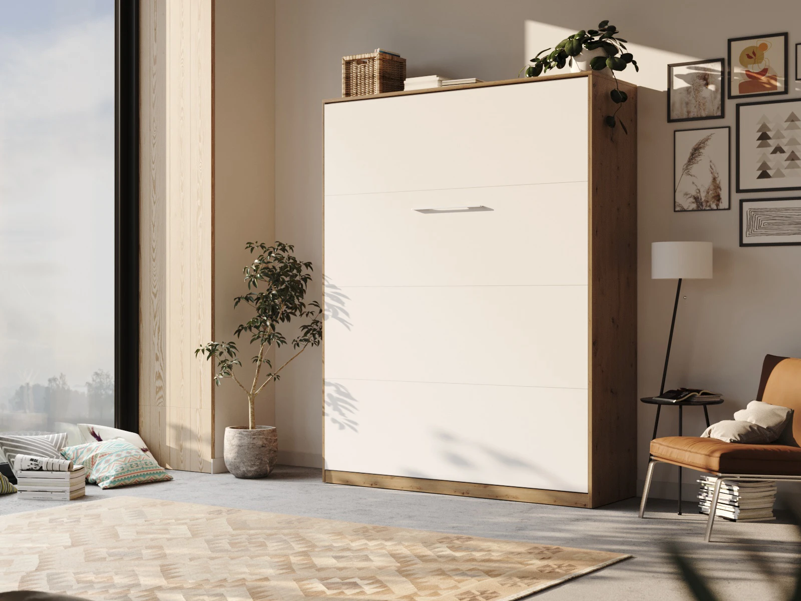 1 Murphy Bed 160x200 Vertical (Standard 55 cm depth) Wild Oak / White