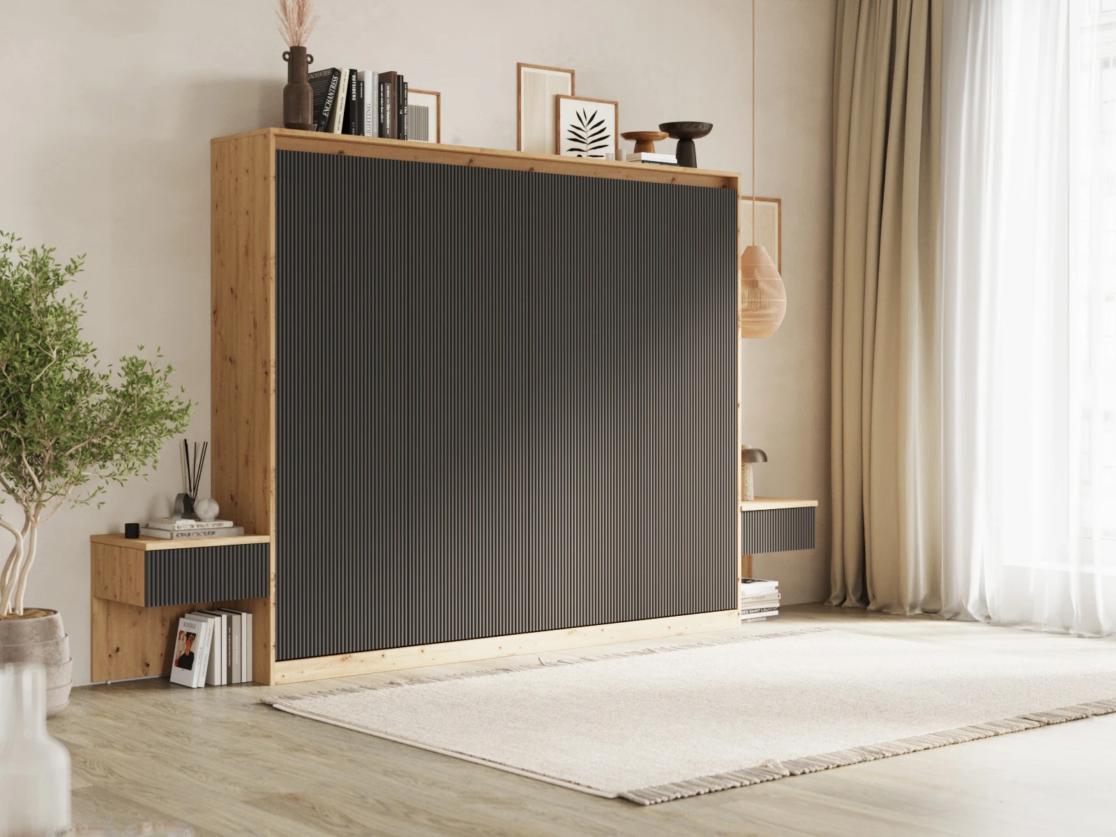 Murphy Bed Classic 140x200H WAVES with 2 Bedside tables Wild Oak / Anthracite Waves picture 1