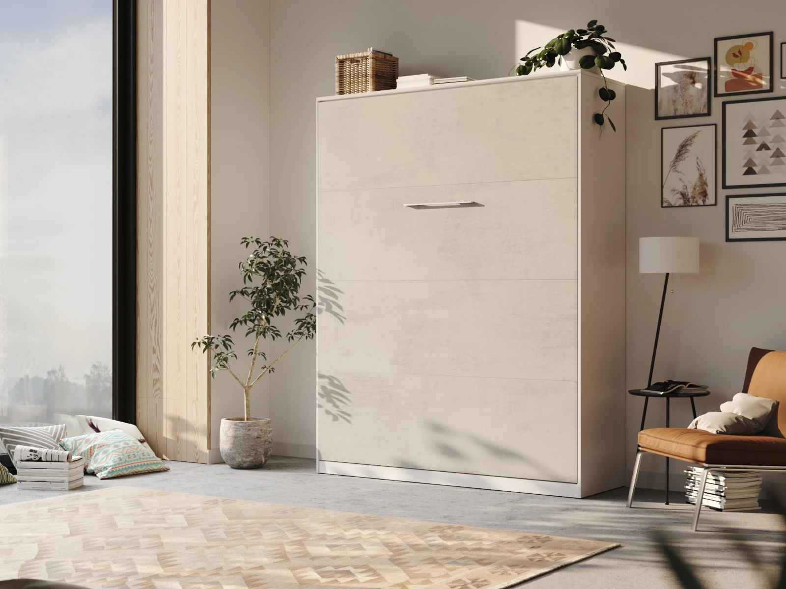 1 Murphy Bed 160x200 Vertical (Standard 55 cm depth) White / Concrete