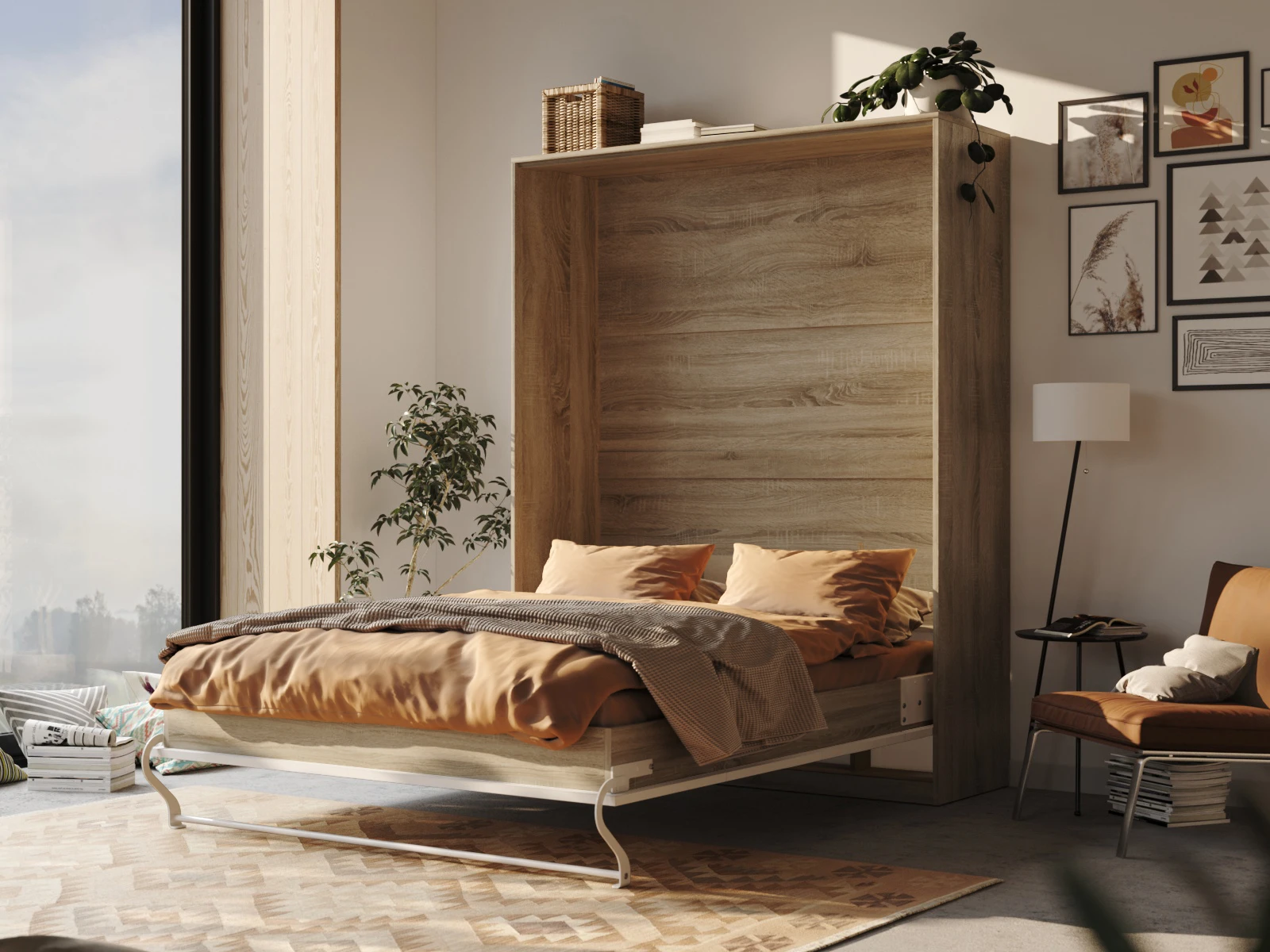 2 Murphy Bed 160x200 Vertical (Standard 55 cm depth) Oak Sonoma  / White