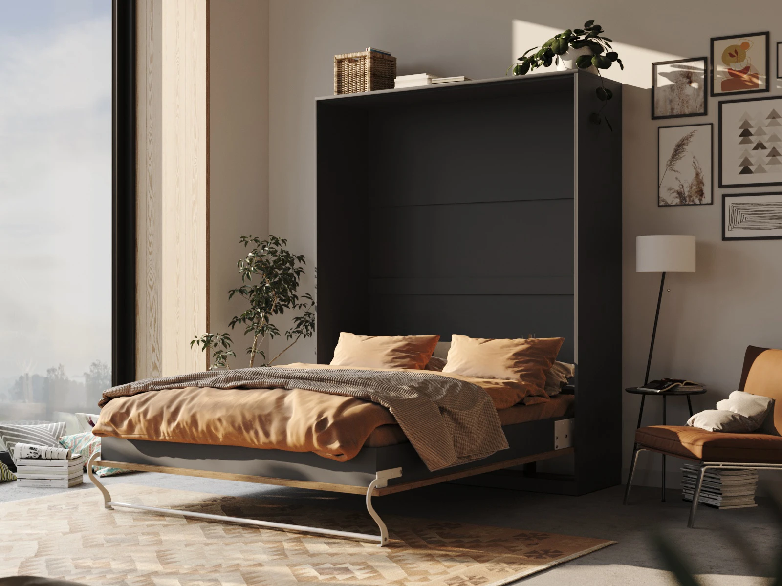 2 Murphy Bed 160x200 Vertical (Standard 55 cm depth) Anthracite / Wild Oak