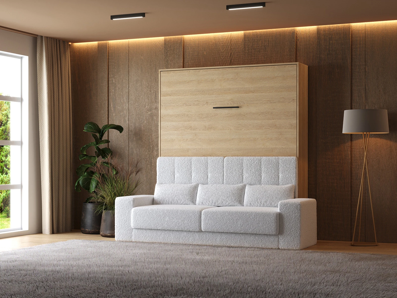 1 Murphy Bed with Sofa White (M1) 180x200 Vertical Kaiser Oak