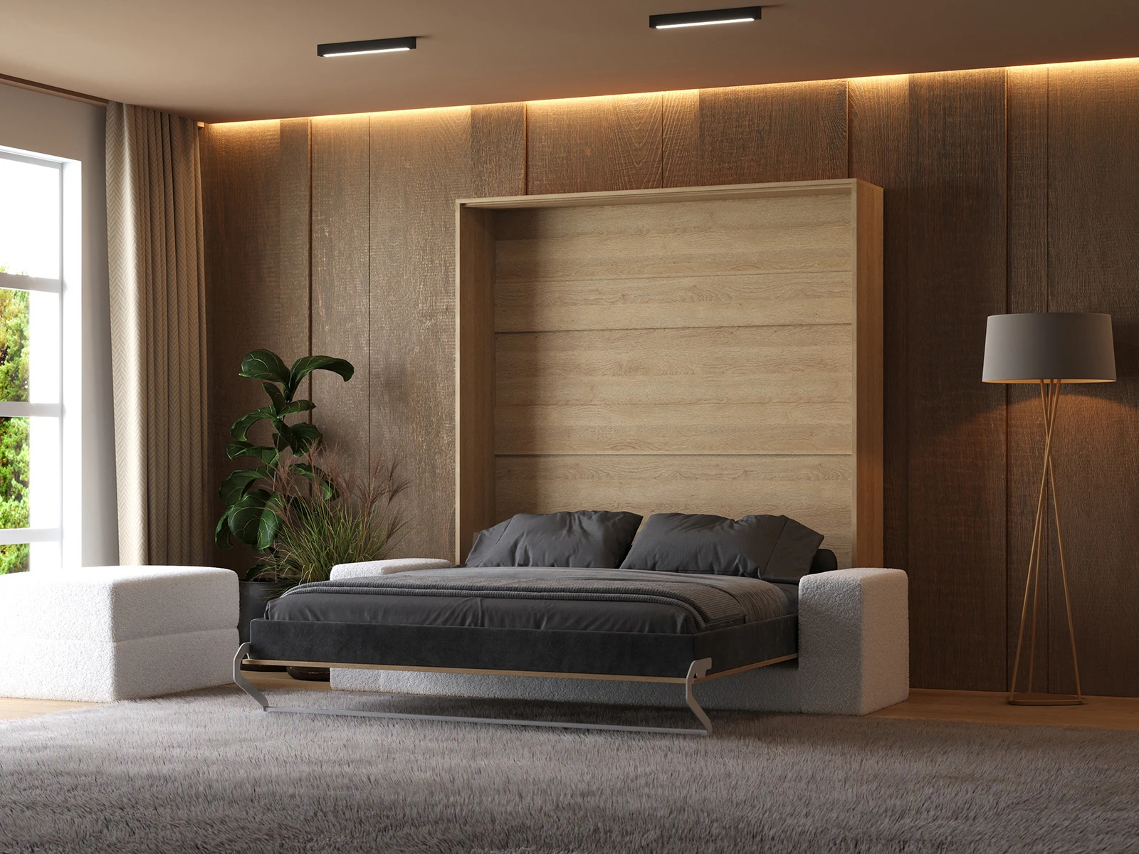 2 Murphy Bed with Sofa White (M1) 180x200 Vertical Kaiser Oak