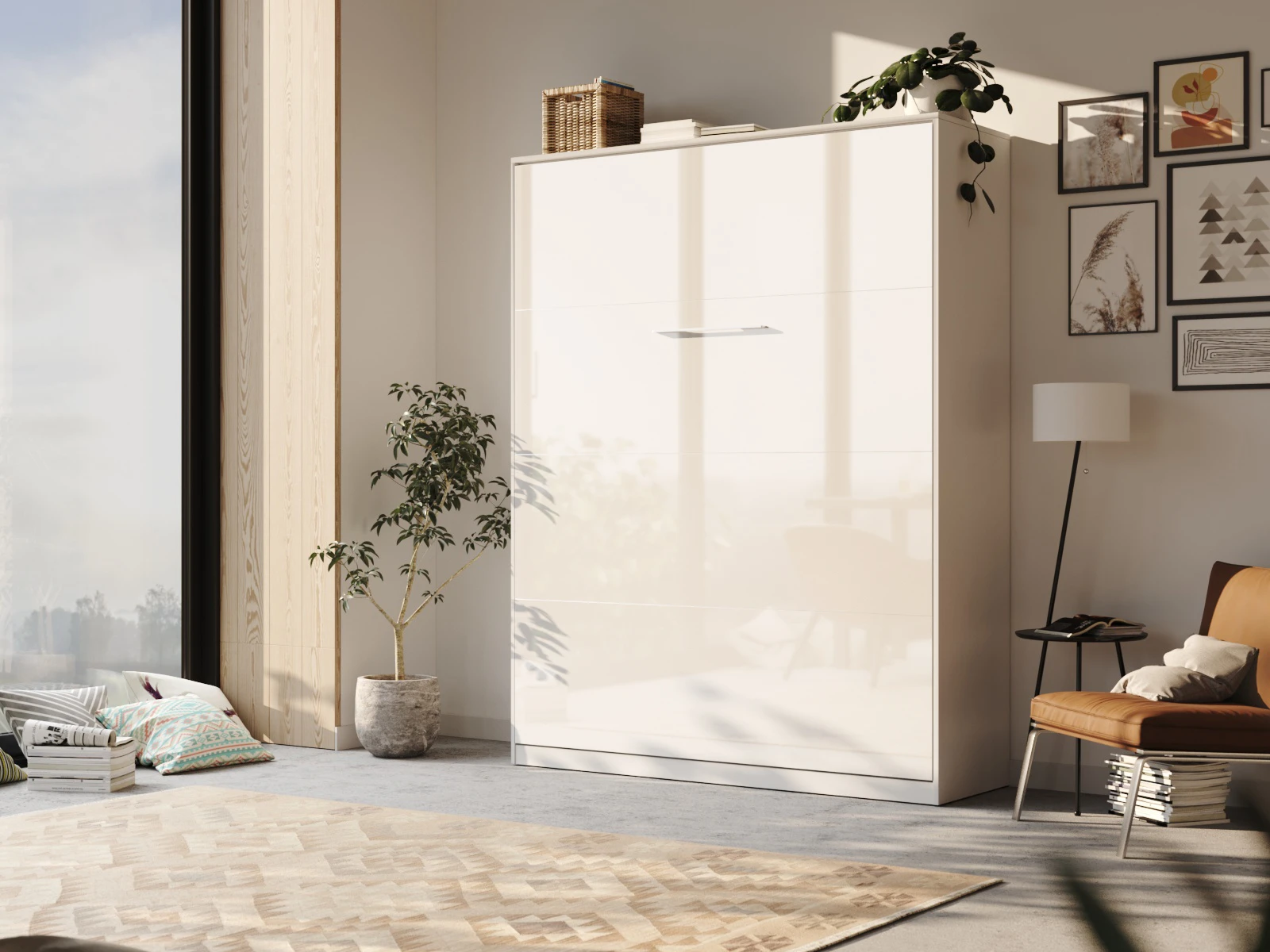 1 Murphy Bed 160x200 Vertical (Standard 55 cm depth) White / White Gloss