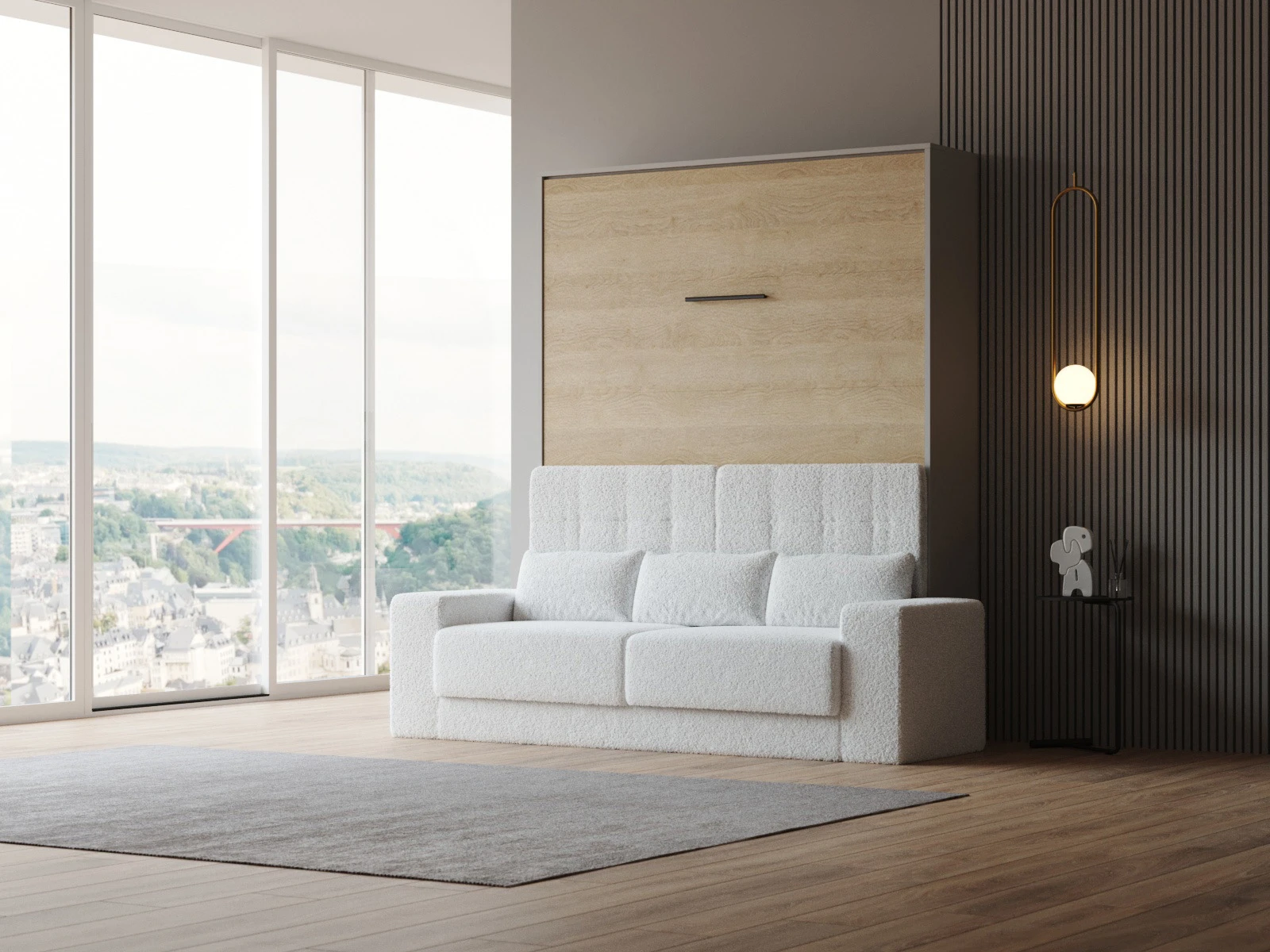 1 Murphy Bed with Sofa White (M1) 160x200 Vertical Pearl Grey / Kaiser Oak