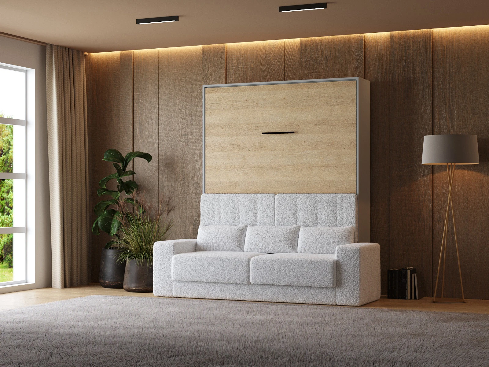 1 Murphy Bed with Sofa White (M1) 160x200 Vertical Pearl Grey / Kaiser Oak