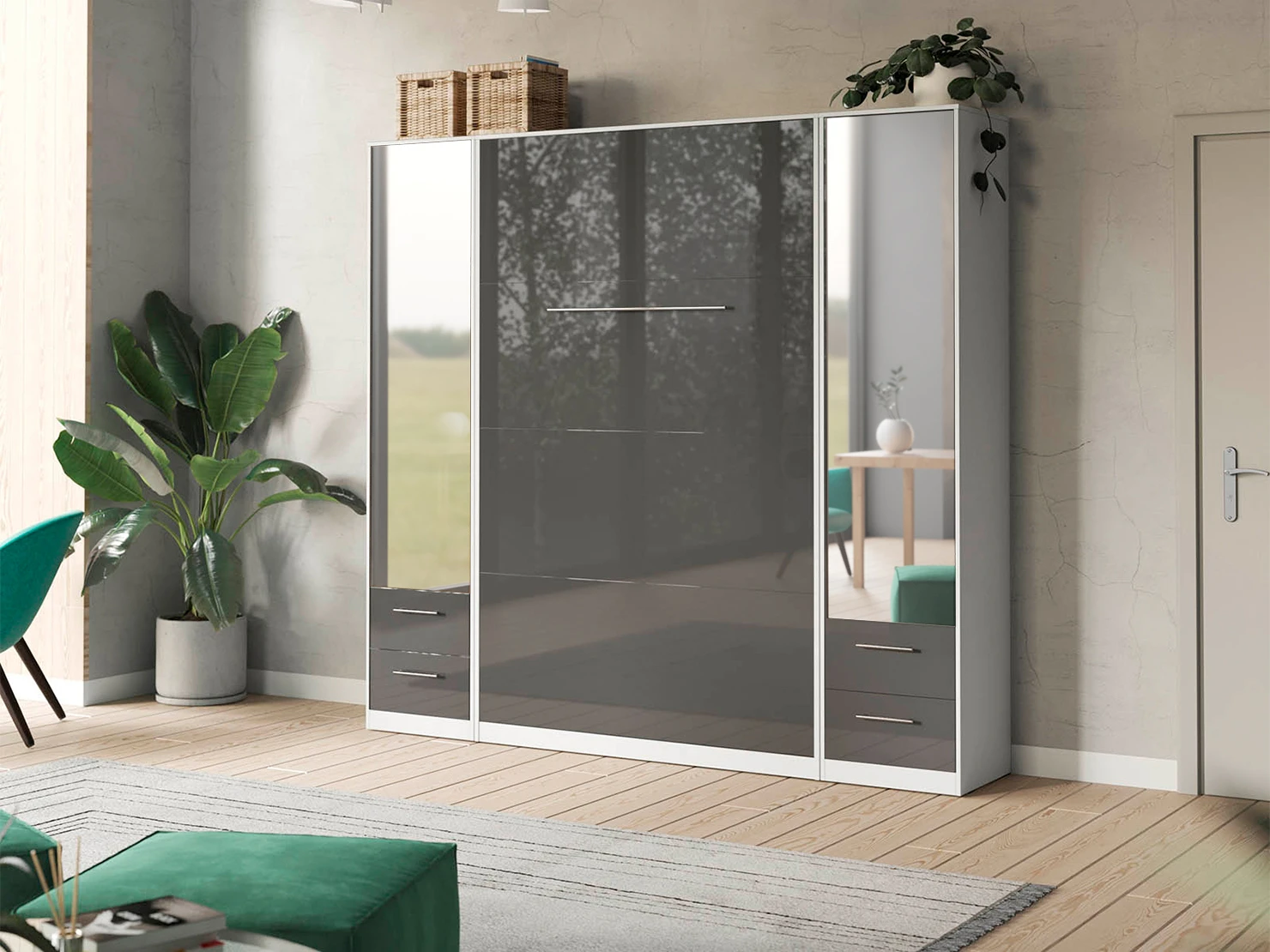 1 Murphy Bed SET 140x200cm Vertical + 2x Cabinets 50cm White/Anthracite Gloss with Mirror