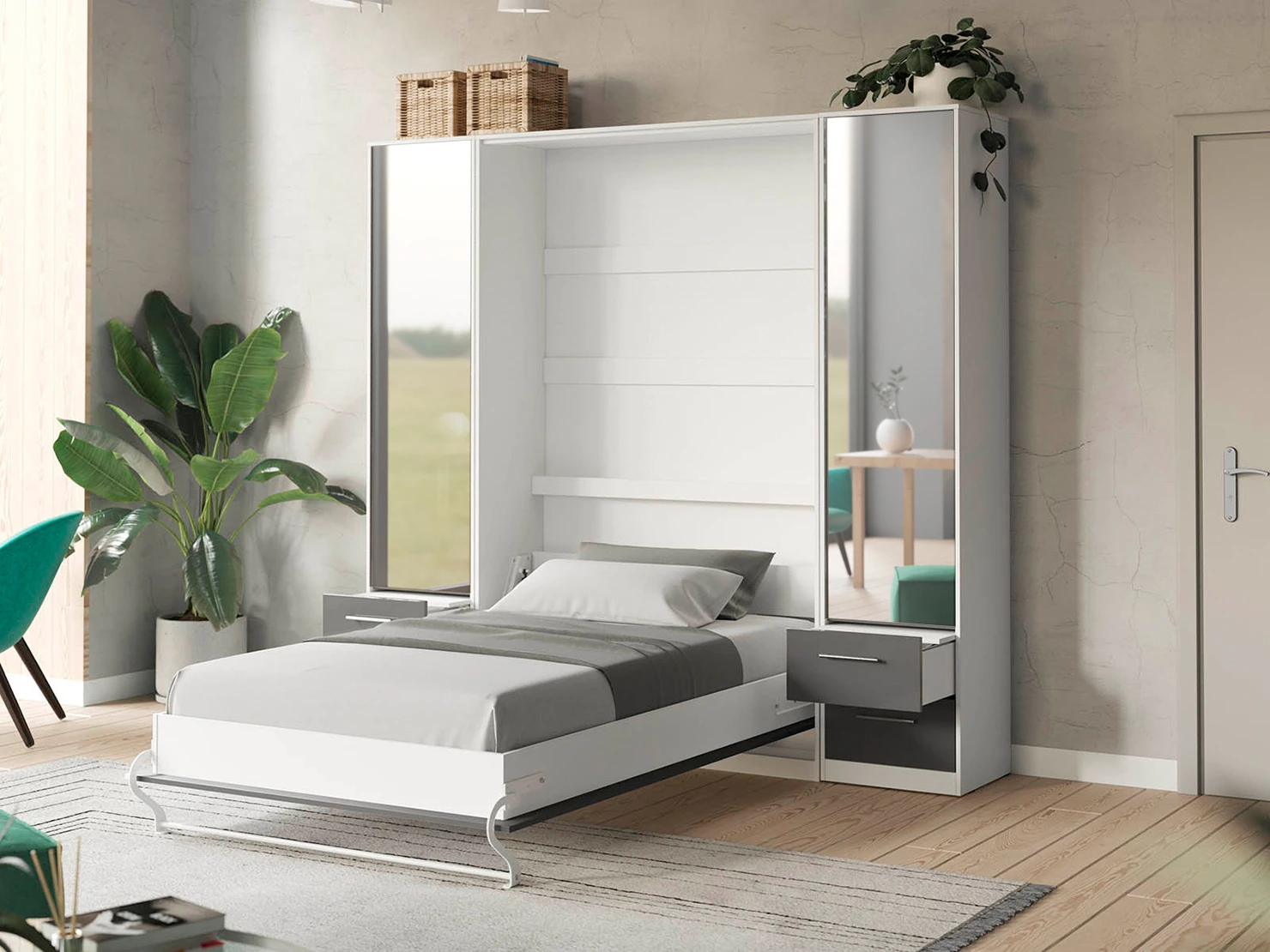 2 Murphy Bed SET 140x200cm Vertical + 2x Cabinets 50cm White/Anthracite Gloss with Mirror