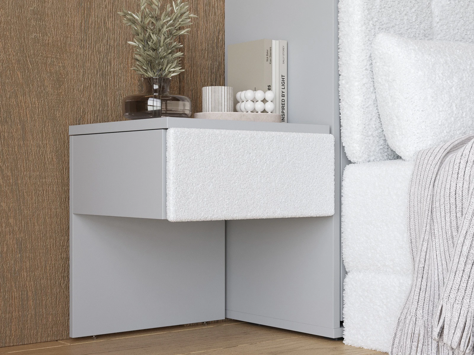 Bedside table (40cm depth) Pearl Grey / White Stoff picture 9