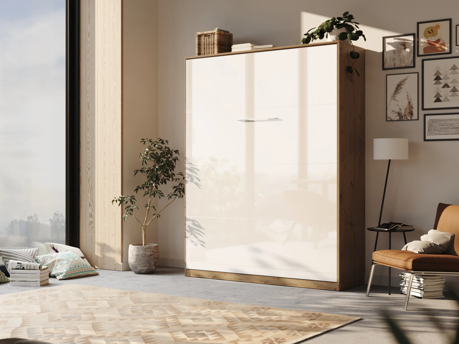 1 Murphy Bed 160x200 Vertical (Standard 55 cm depth) Wild Oak / White Gloss