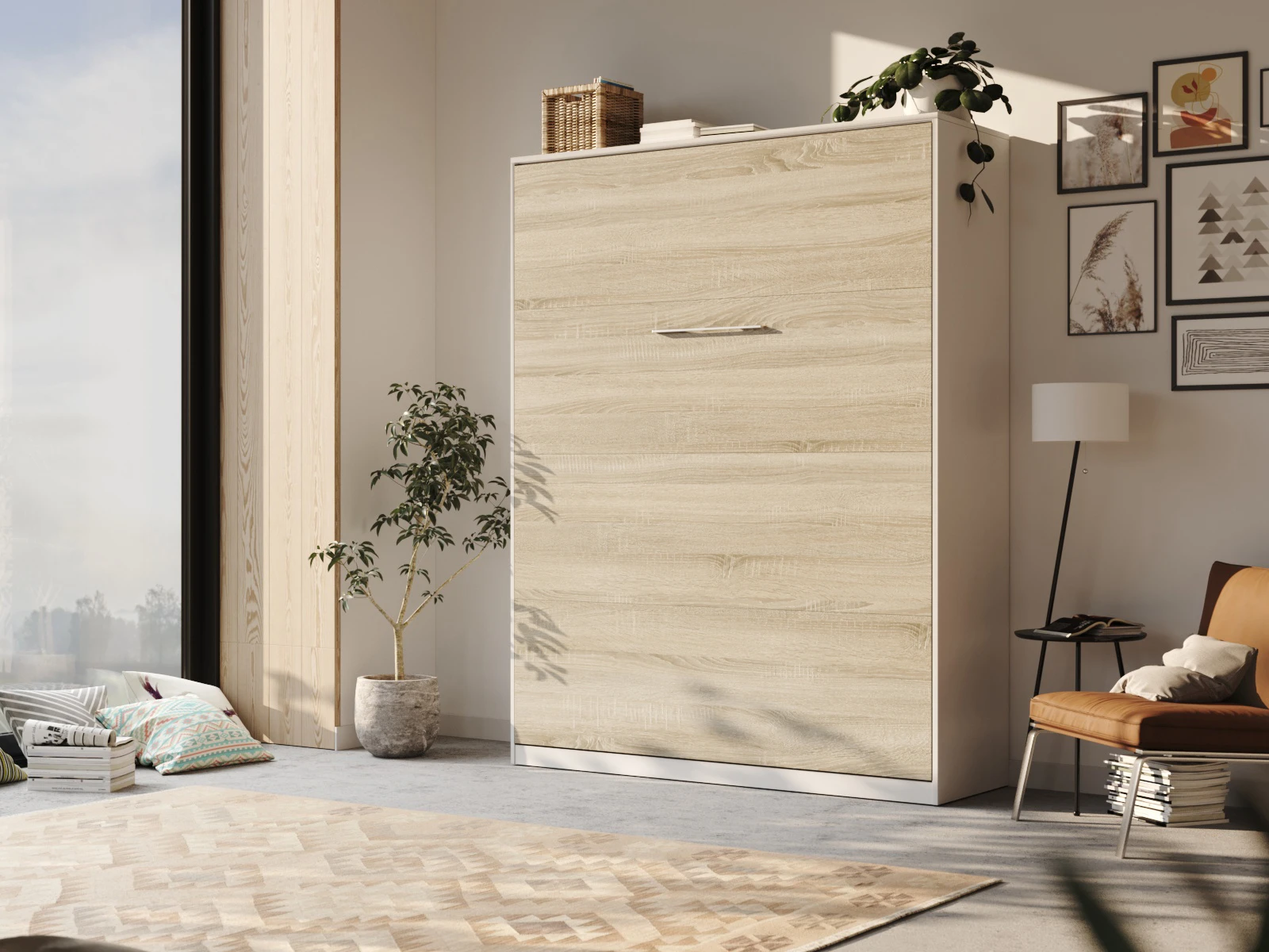 1 Murphy Bed 160x200 Vertical (Standard 55 cm depth) White / Oak Sonoma