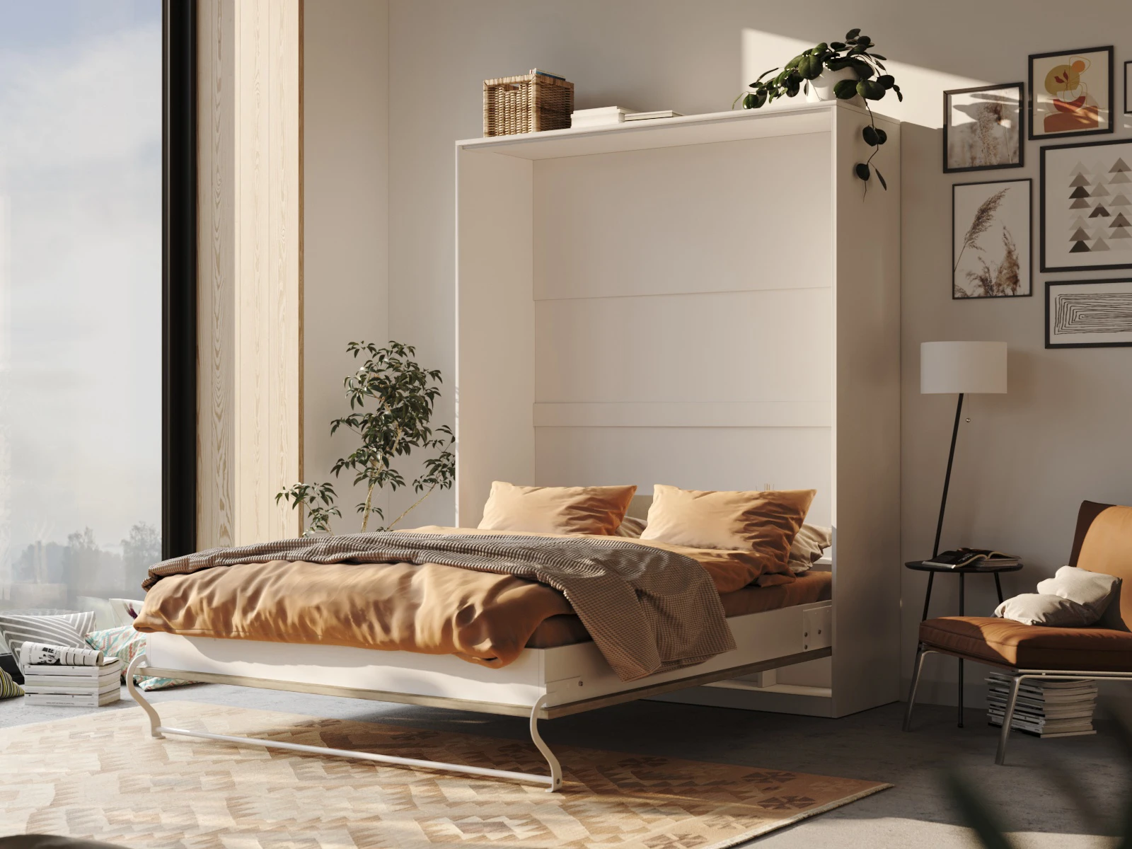 2 Murphy Bed 160x200 Vertical (Standard 55 cm depth) White / Oak Sonoma