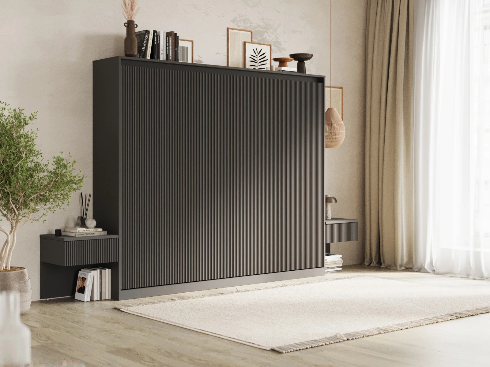 Murphy Bed Classic 140x200H WAVES with 2 Bedside tables Anthracite / Anthracite Waves picture 1