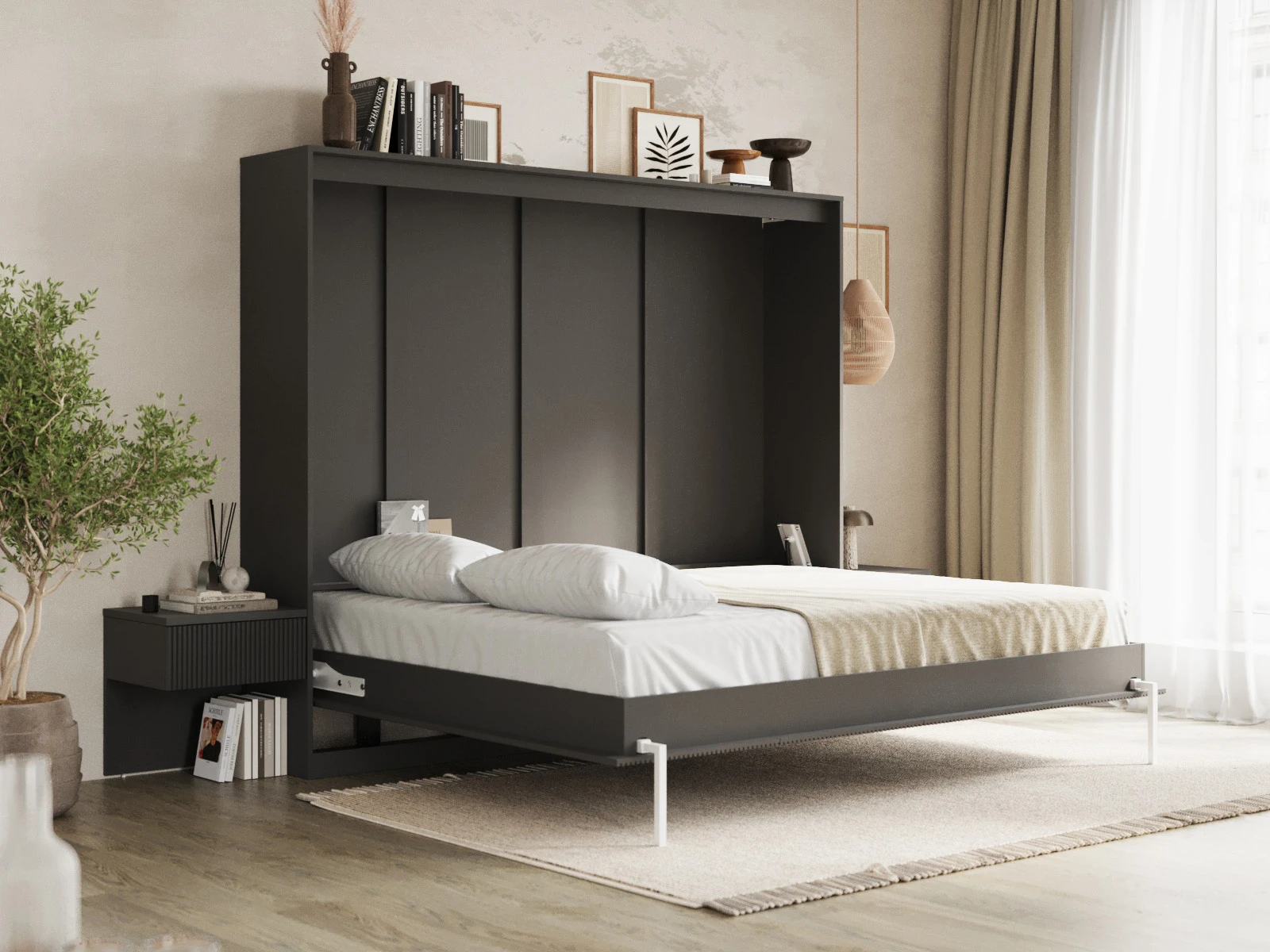 2 Murphy Bed Classic 140x200H WAVES with 2 Bedside tables Anthracite / Anthracite Waves