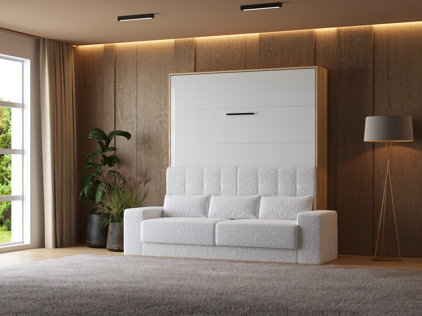 1 Murphy Bed with Sofa White (M1) 180x200 Vertical Kaiser Oak / White