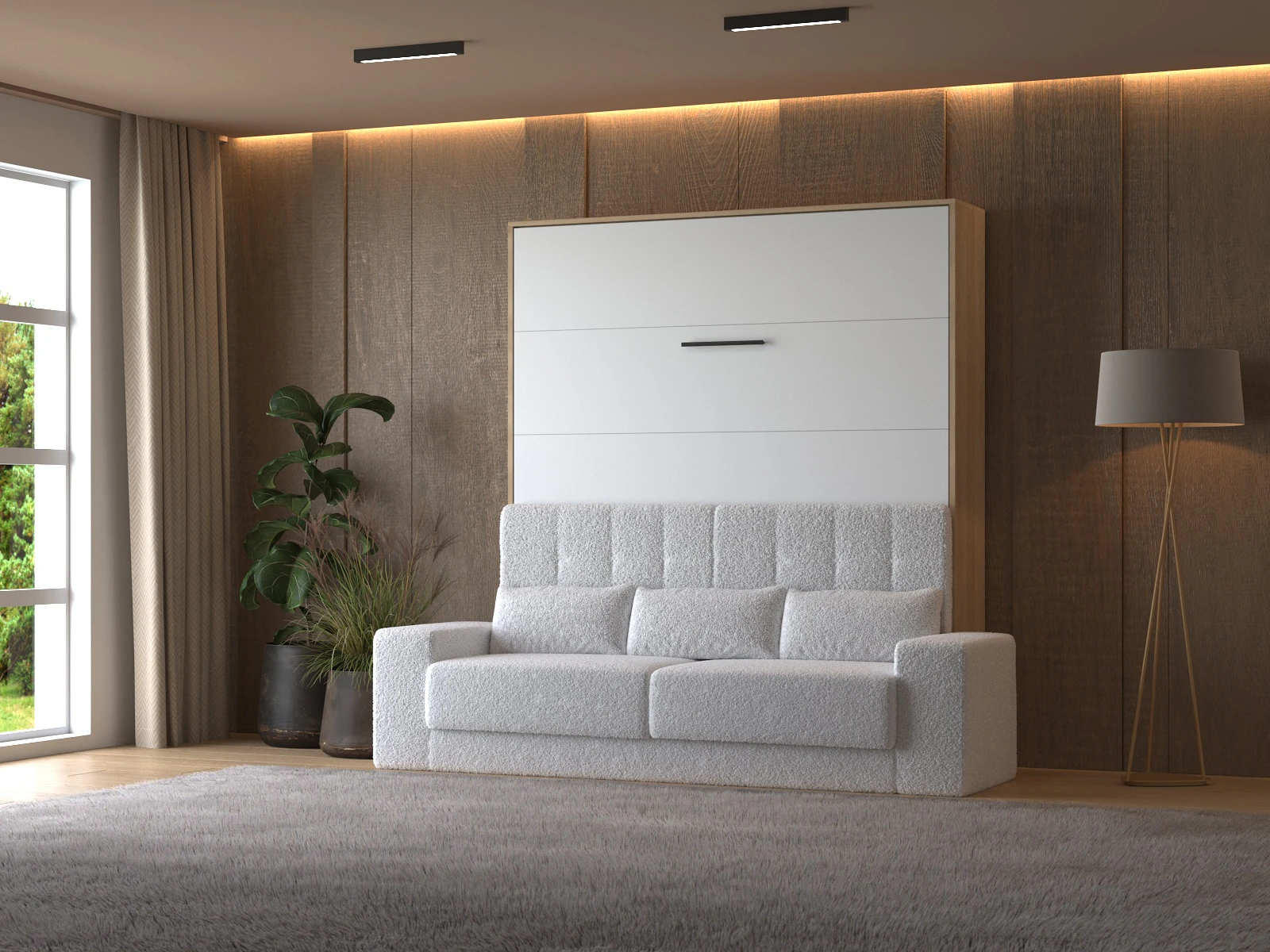 1 Murphy Bed with Sofa White (M1) 180x200 Vertical Kaiser Oak / White